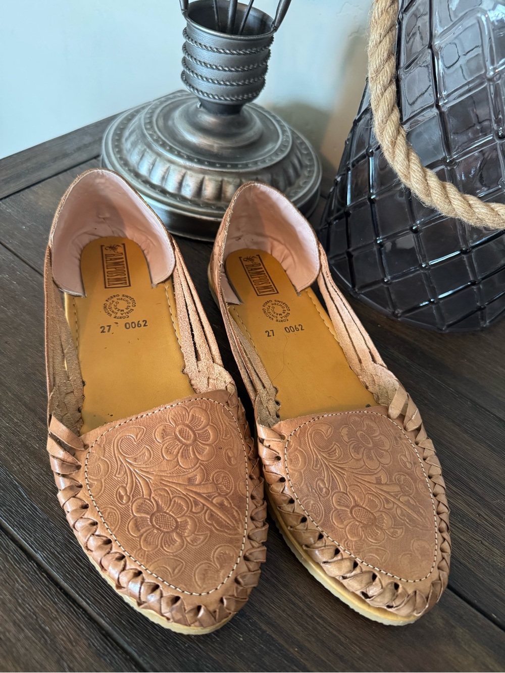 Woven Floral Leather Loafers - Tan